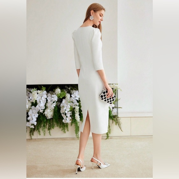Elegant White Sheath Modest Wedding Midi Dress with Puff Pearl Sleeves Size XS - Picture 2 of 10